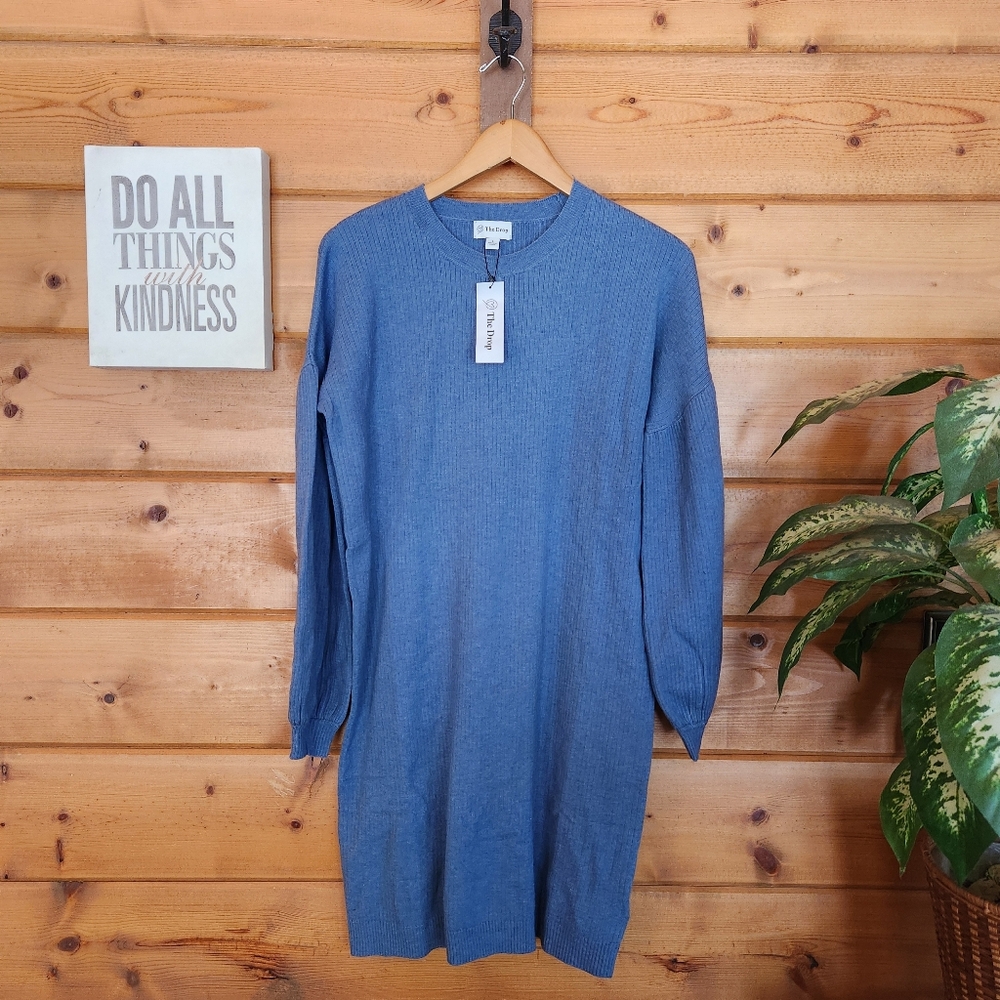 The Drop NWT Aiko Puff-Sleeve Sheath Sweater Dress Blue Saphire Wool‎ Blend Sz S